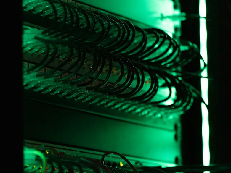 Network patch cables in a server rack, lit with green light