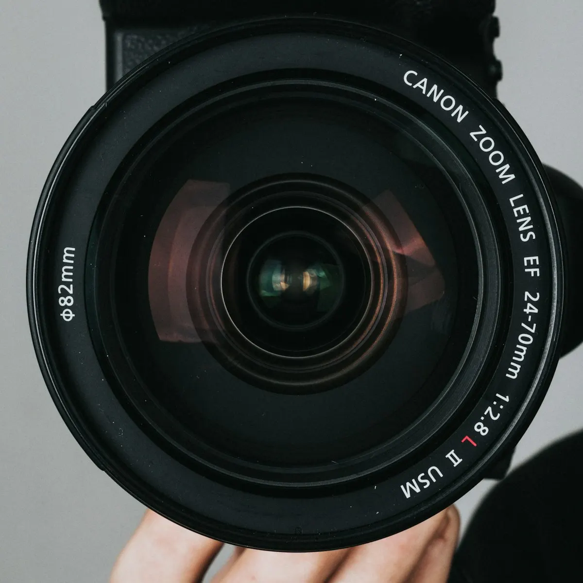 Hand holding a camera with a Canon zoom lens pointed at the viewer