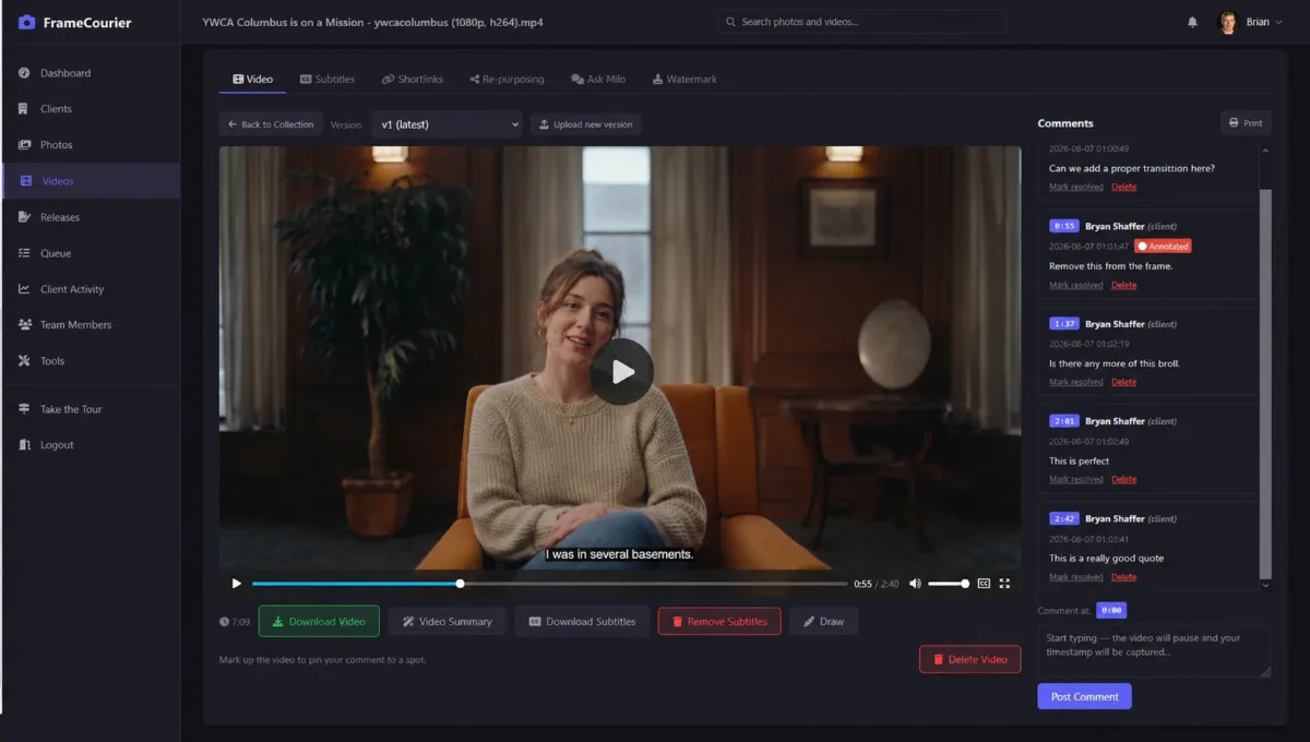 FrameCourier video review page with a video player, timestamped client comments, and subtitle and download buttons