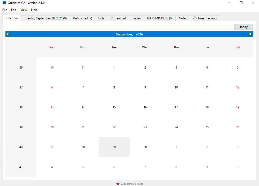 QuickList G2 calendar view with tabs for Unfinished, Lists, Reminders, Notes and Time Tracking
