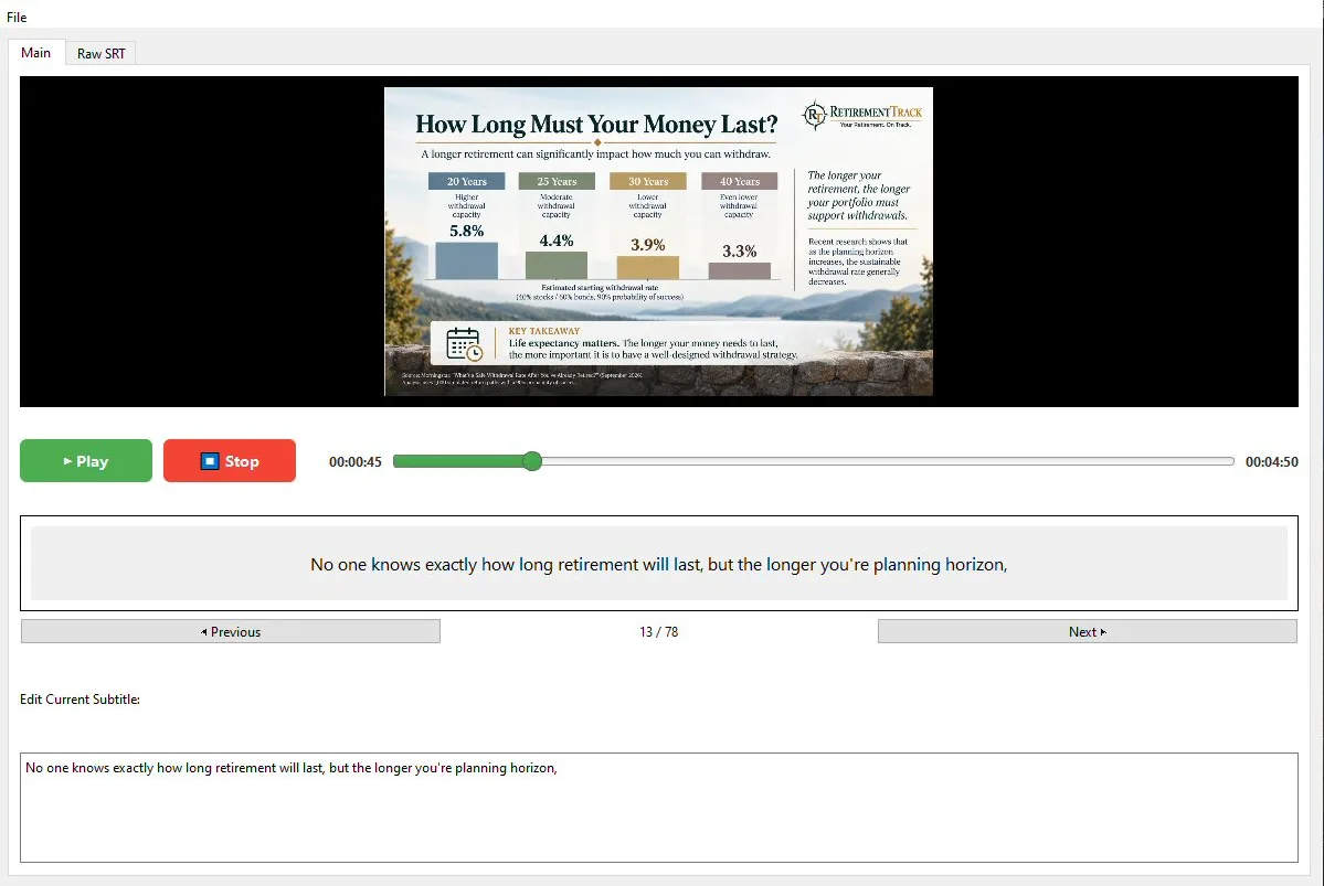 SRT Subtitle Editor with a video preview, play and stop controls, a seek bar, previous and next buttons, and a subtitle text box