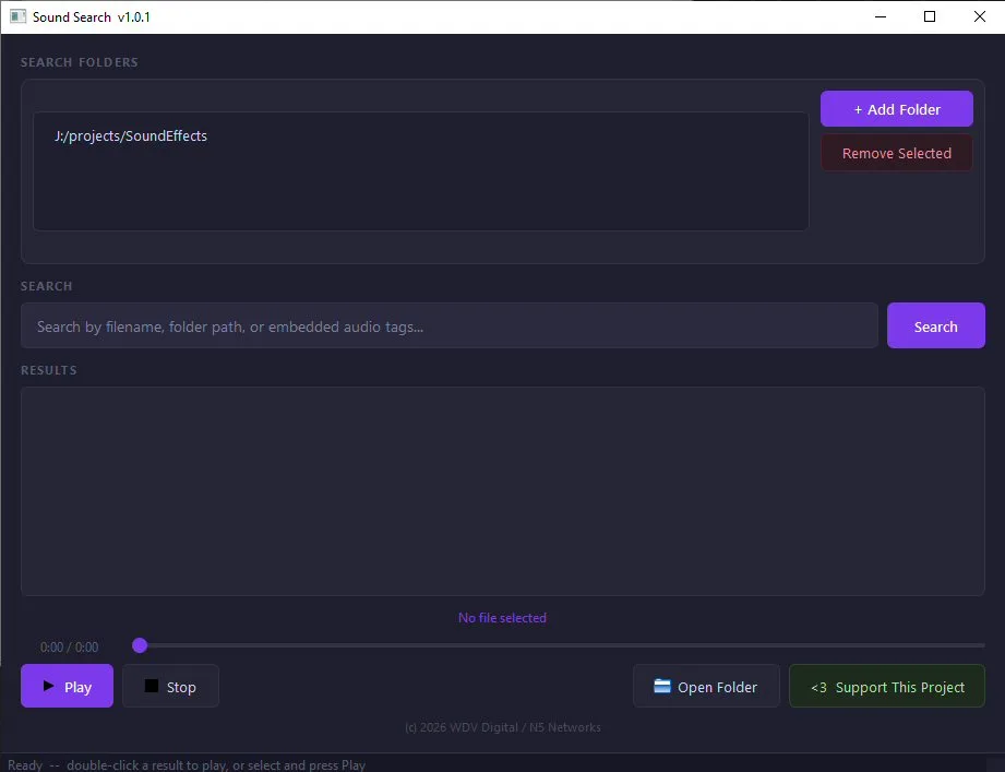 WDV Sound Search window with a folder list, search field, results list and playback controls
