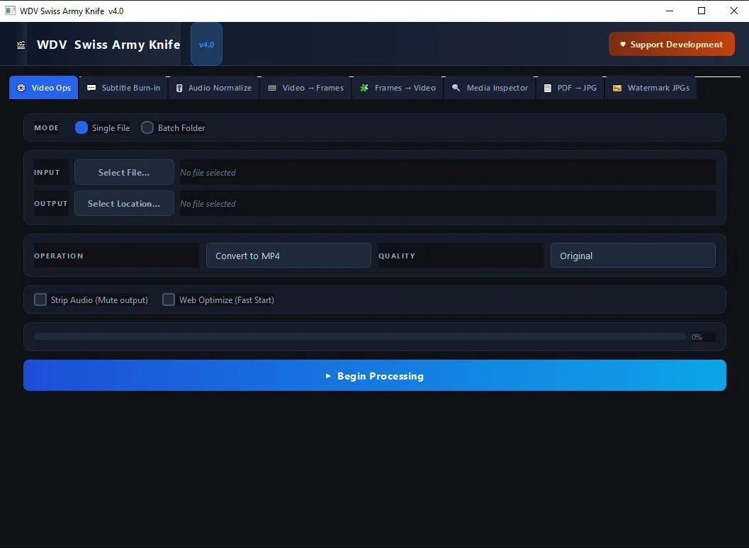 WDV Swiss Army Knife on the Video Ops tab, with input and output selection, operation and quality options, and a Begin Processing button