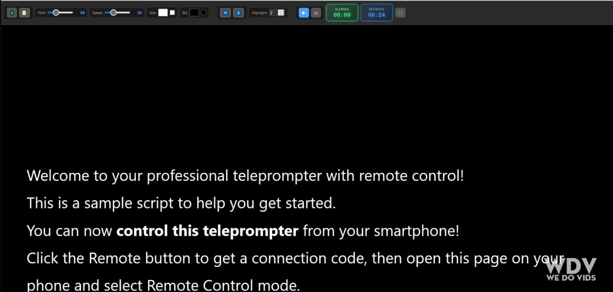 WDV Teleprompter showing a script in large text, with font, speed, color and flip controls and elapsed and estimated time